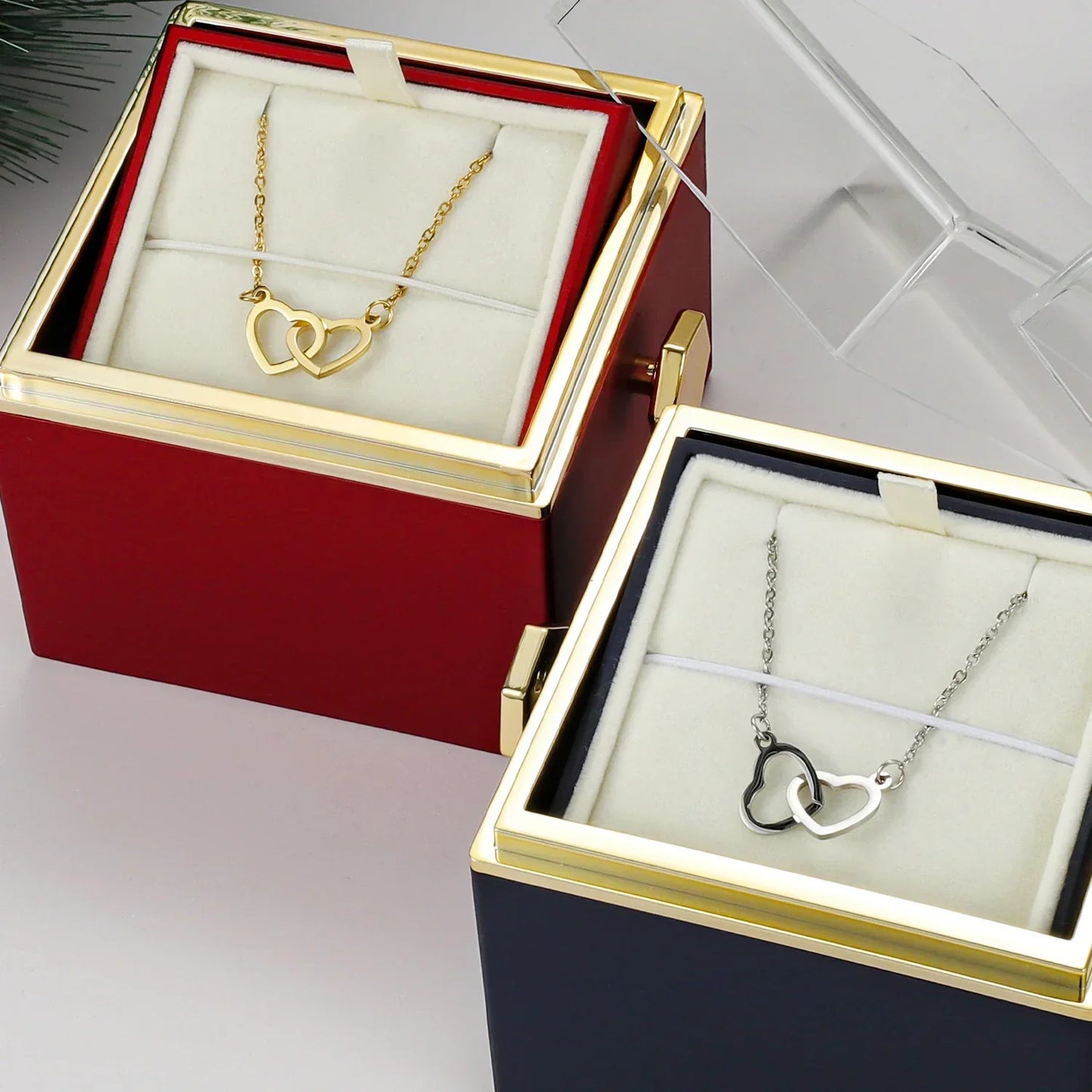 Personalized Double Heart Necklace with Rose Gift Box