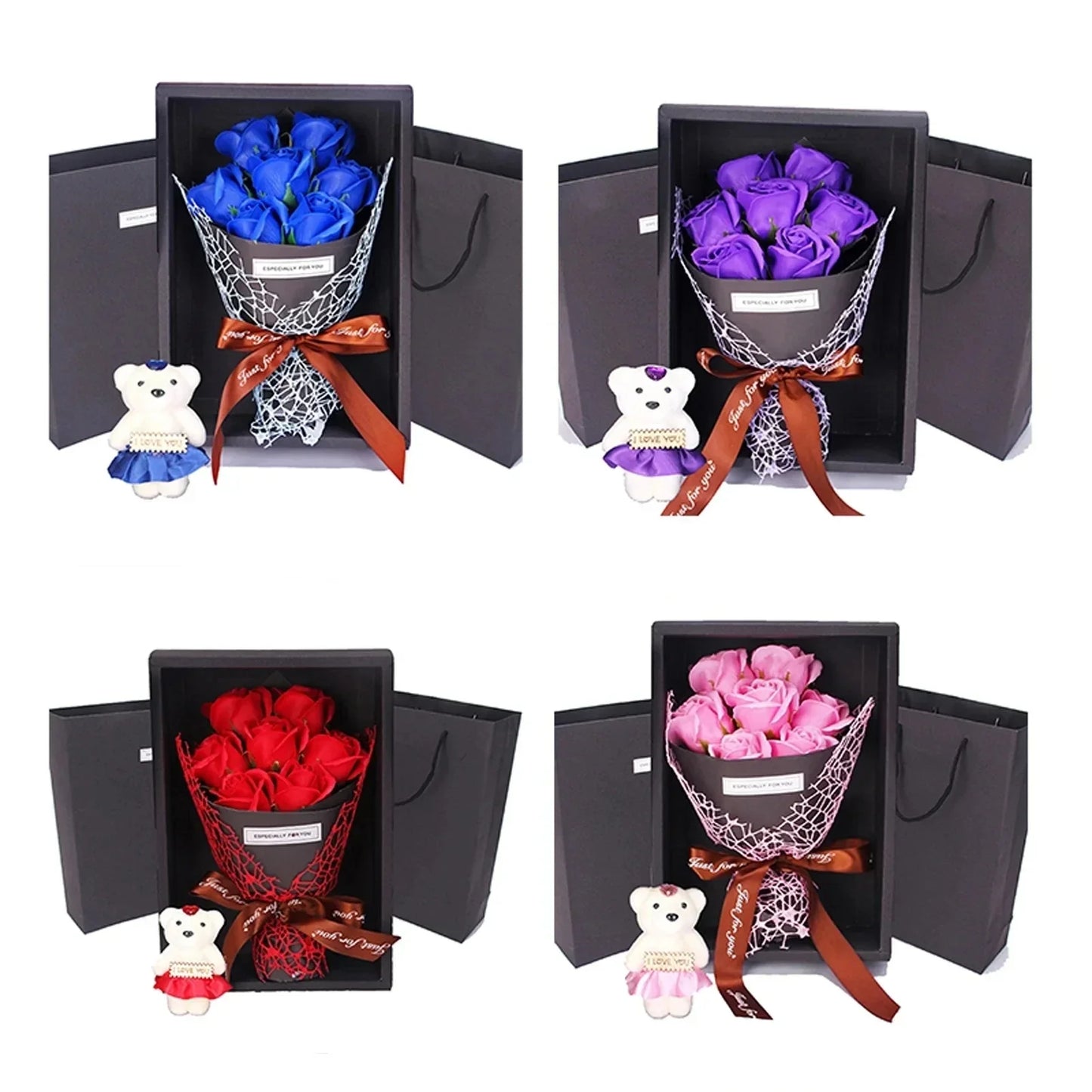 7-Rose Soap Bouquet with Little Bear Gift Box - Creative Gift for Valentine's Day, Mother's Day, Birthday