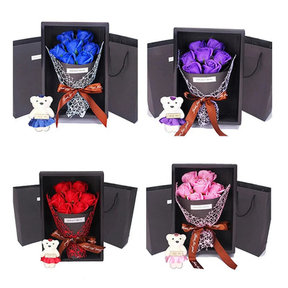7-Rose Soap Bouquet with Little Bear Gift Box - Creative Gift for Valentine's Day, Mother's Day, Birthday