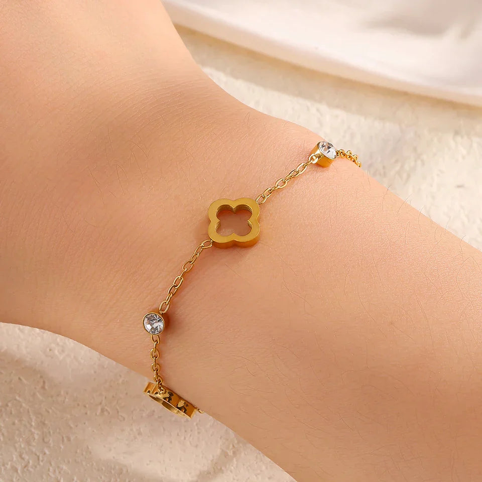 Four Leaf Clover Zircon Stainless Steel Bracelet