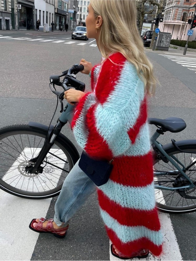 Stripe Long Fuzzy Cardigan