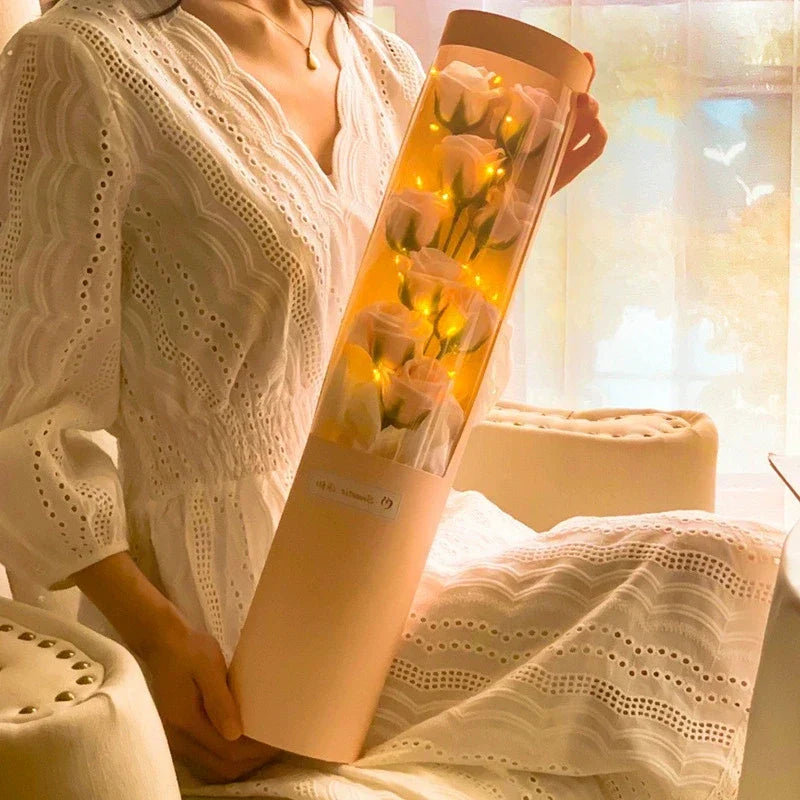 Charming Rose Bouquet Soap Flower Gift Box with LED Light for Valentine's Day and Special Occasions
