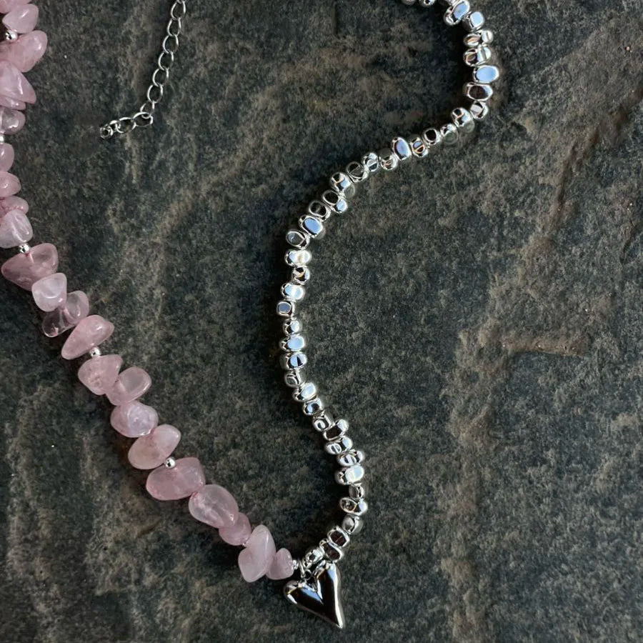 Irregular Pink Stone Beaded Heart Pendant Choker Necklace