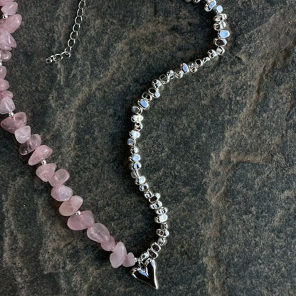 Irregular Pink Stone Beaded Heart Pendant Choker Necklace