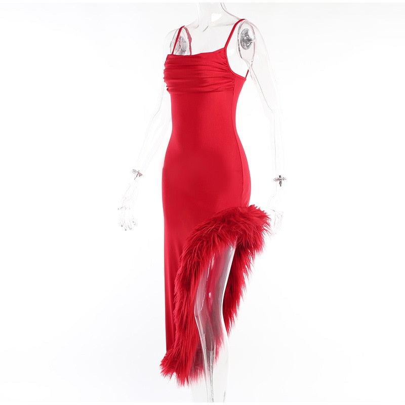 Red Strap Feather Slit Trim Midi Dress