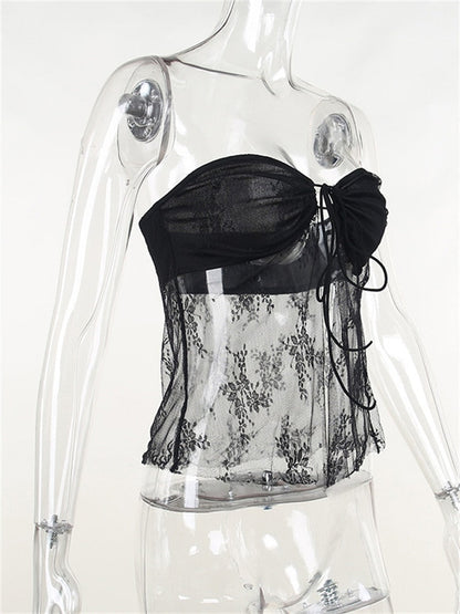 Lace Sheer Tube Tie Up Slit Top
