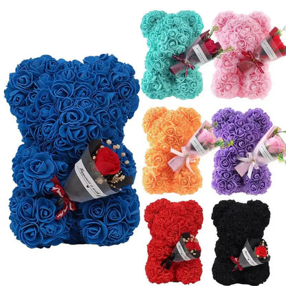 Rose Bear in Clear Box - Handmade Artificial Flower Gift for Valentine's Day, Birthday, or Special Occasion
