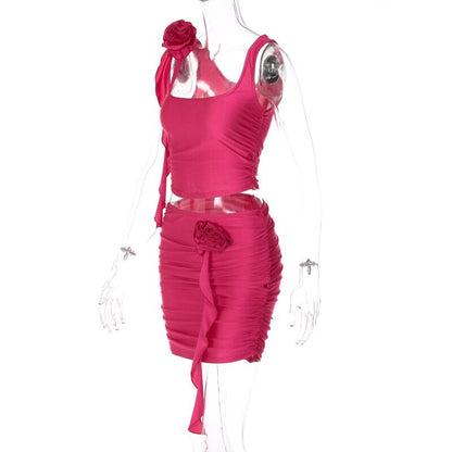 Flower Frill Applique Top and Bodycon Mini Skirt Set