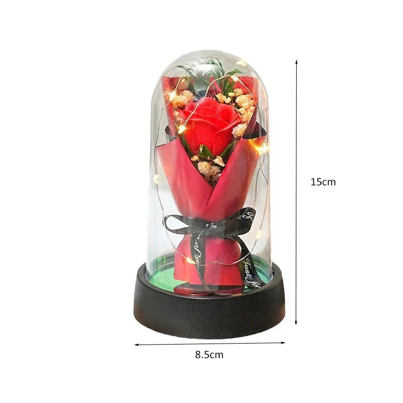 Everlasting Rose LED Glass Dome Bouquet Romantic Decorative Ornament for Valentine's Day and Home