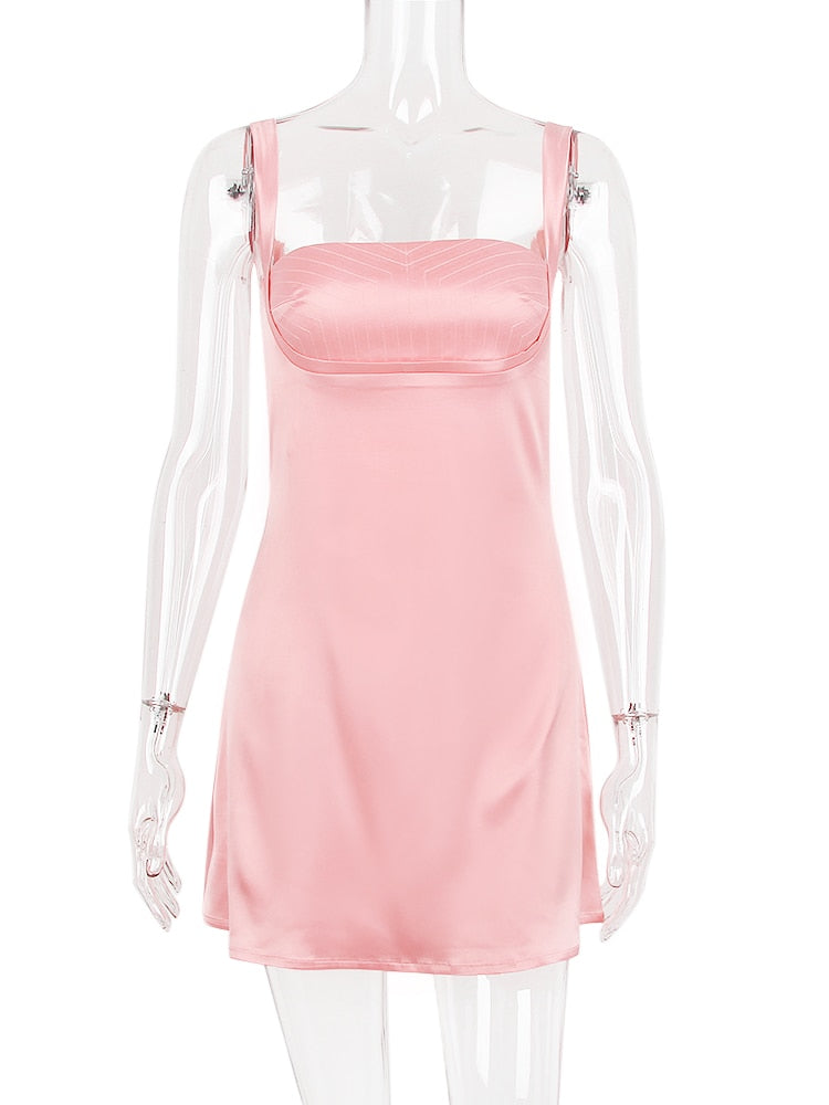 Pink Satin Square Neck Strap Mini Dress