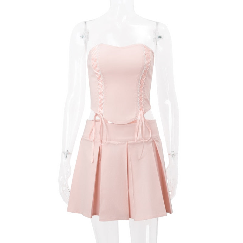 Pink Lace Up Corset And Pleated Mini Skirt Set