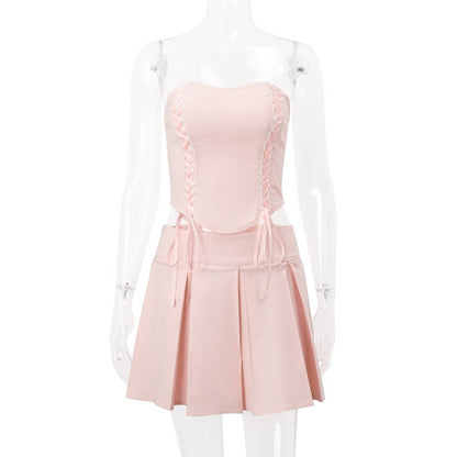 Pink Lace Up Corset And Pleated Mini Skirt Set
