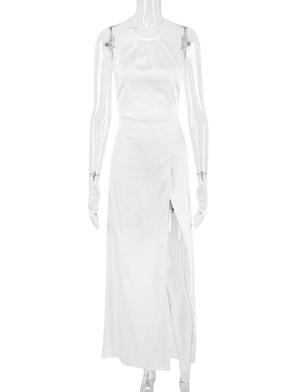 Satin Backless Halter Maxi Dress