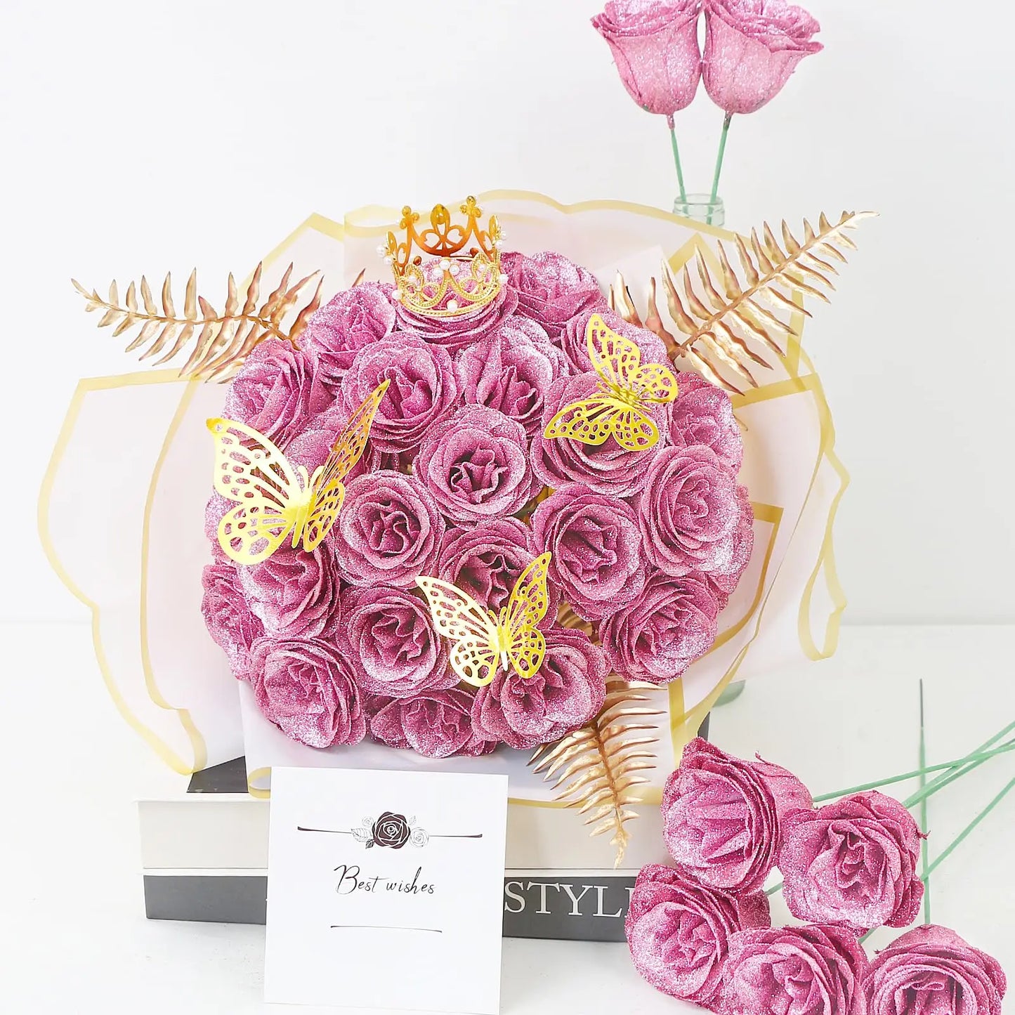 Glitter Artificial Red Rose Bouquet Eternal Silk Roses for Valentine's Day and Birthday Gifts