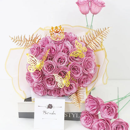 Glitter Artificial Red Rose Bouquet Eternal Silk Roses for Valentine's Day and Birthday Gifts