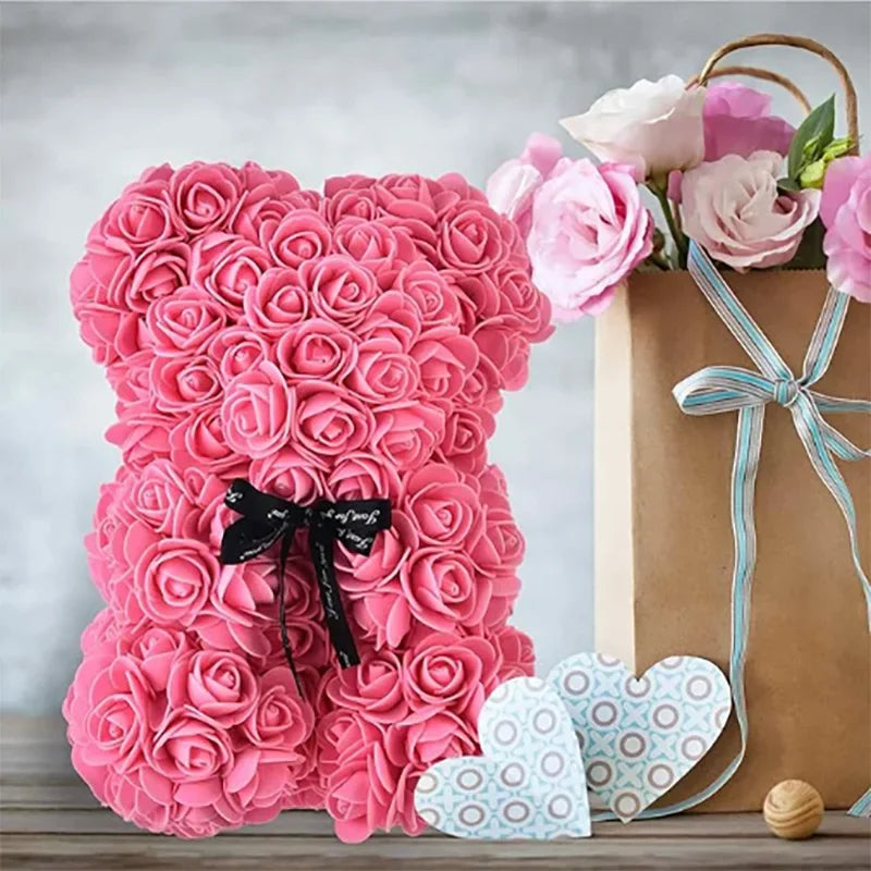 Artificial Rose Teddy Bear 25cm Romantic Floral Gift with Gift Box