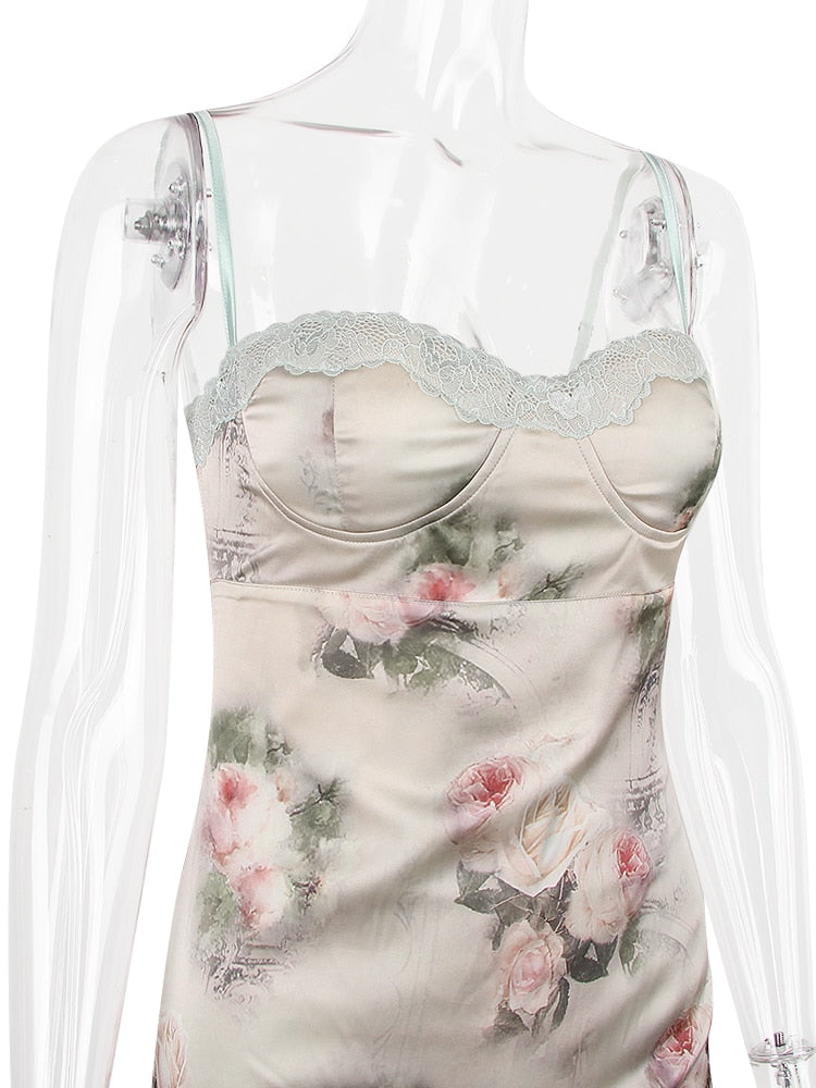 Green Satin Floral Print Bodycon Midi Dress