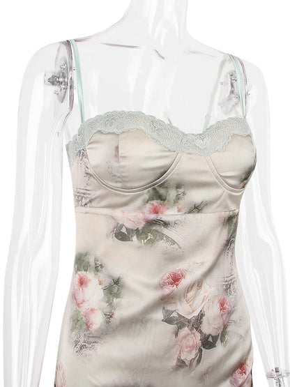 Green Satin Floral Print Bodycon Midi Dress