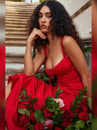 Red Satin Tie-Up Bustier Strappy Midi Dress