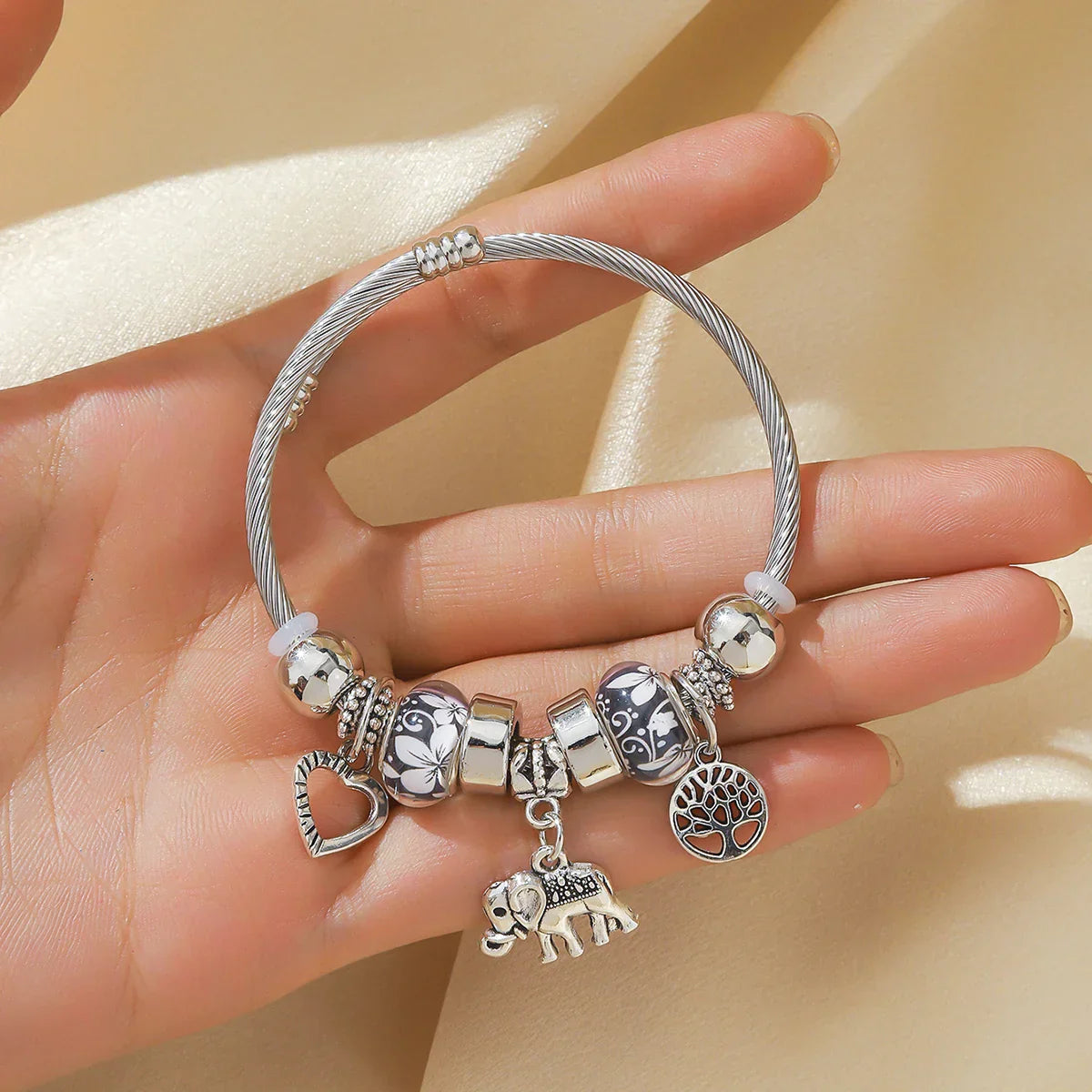 Silver Elephant and Heart Tree Charm Cuff Bracelet for Women