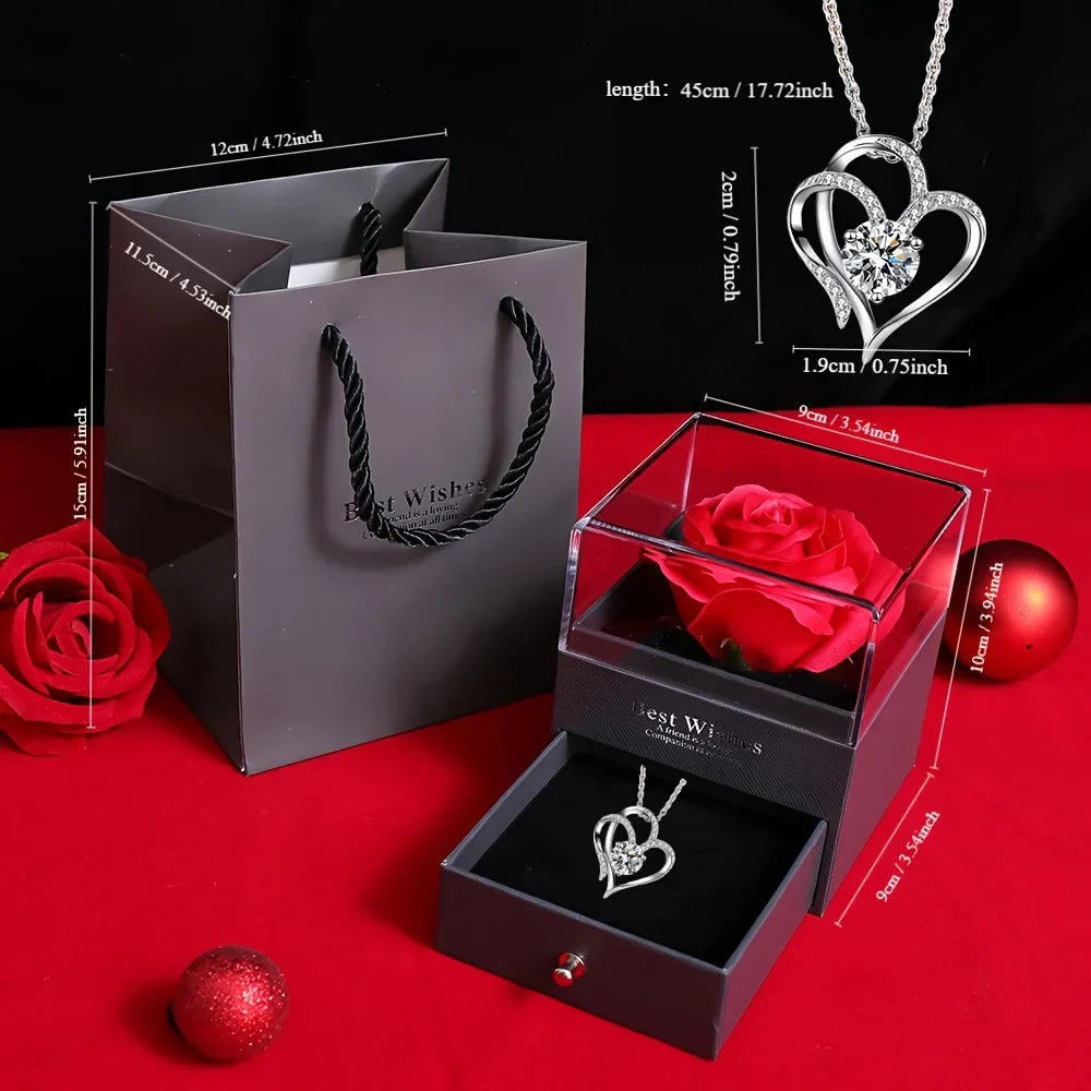 Preserved Rose Gift Box with Heart Necklace for Special Occasions