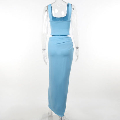 Blue Corset Top And Slit Maxi Skirt Set