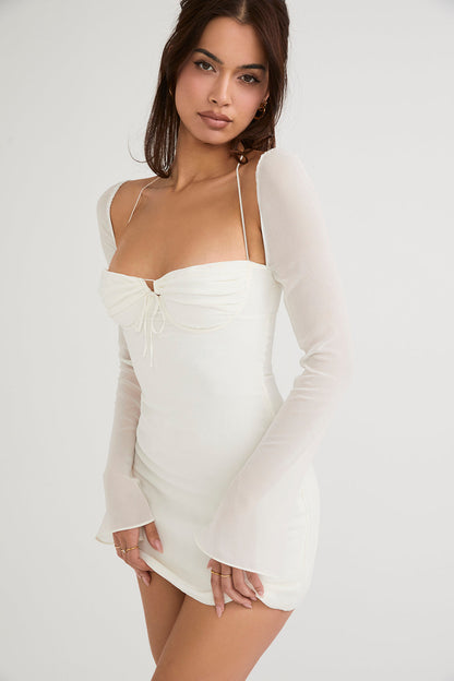 Mesh Long Sleeve Halter Strap Mini Dress
