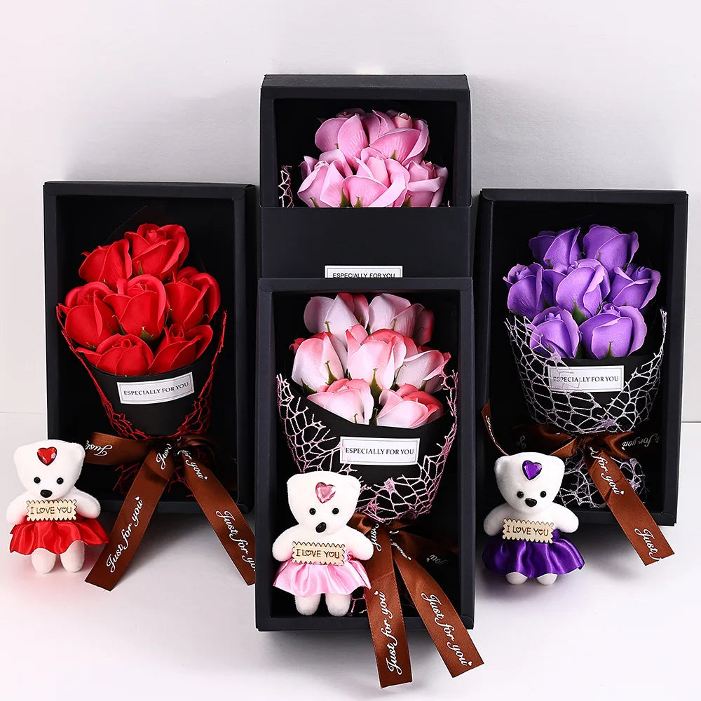 7-Head Rose Bouquet with Little Bear Gift Box Handmade Artificial Flowers for Valentine's Day and Special Occasions