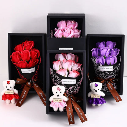 7-Head Rose Bouquet with Little Bear Gift Box Handmade Artificial Flowers for Valentine's Day and Special Occasions