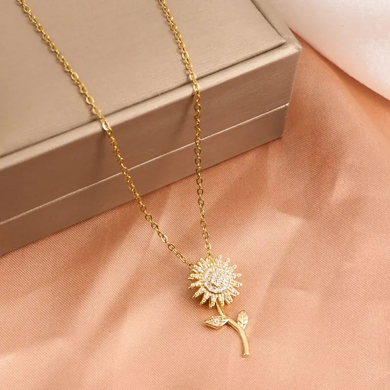 Double Layer Rotating Sunflower Stainless Steel Necklace
