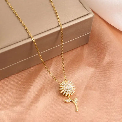 Double Layer Rotating Sunflower Stainless Steel Necklace