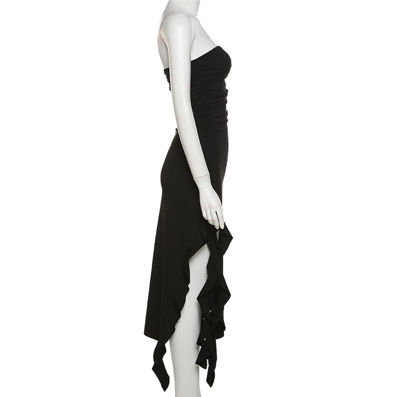 Ruffle Fringe Double Slit Tube Midi Dress