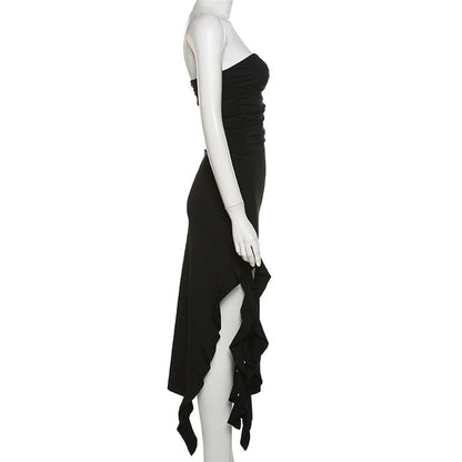 Ruffle Fringe Double Slit Tube Midi Dress