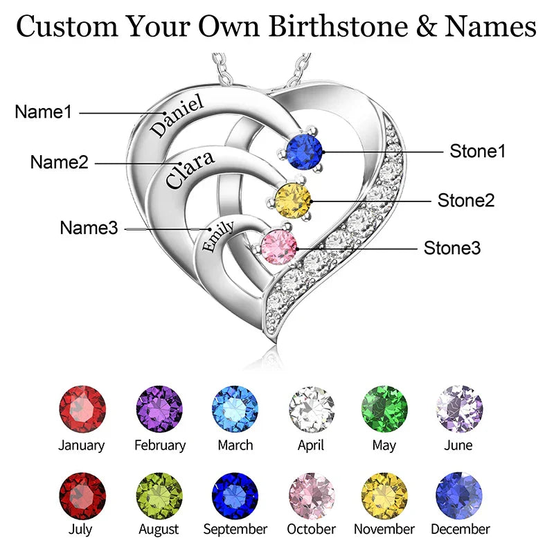 Personalized Heart Name Necklace with Birthstones