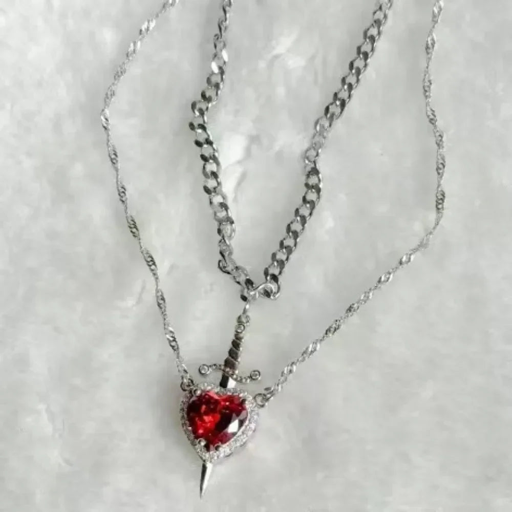 Heart and Sword Zircon Pendant Necklace Set