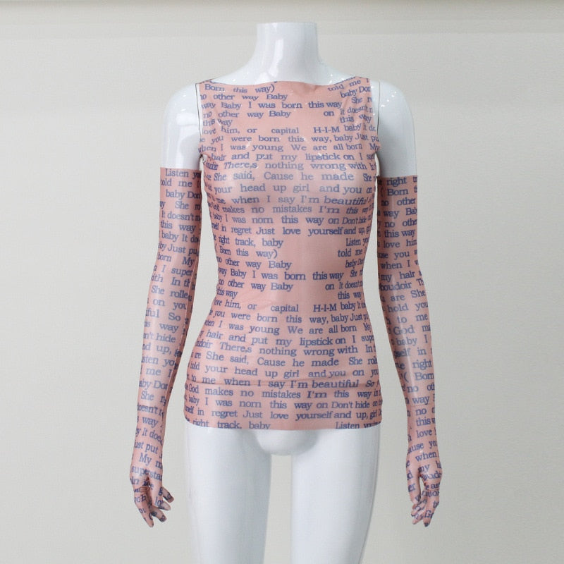 Mesh Letter Print Sleeveless Top With Gloves