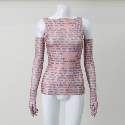 Mesh Letter Print Sleeveless Top With Gloves