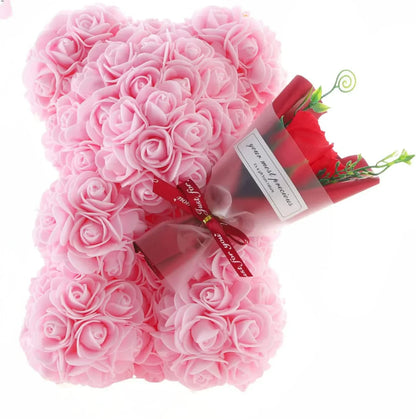 Rose Bear with Flower Bouquet 24cm