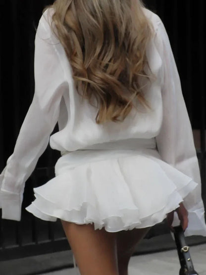 Shirt Lose Long Sleeve Frill Micro Mini Dress
