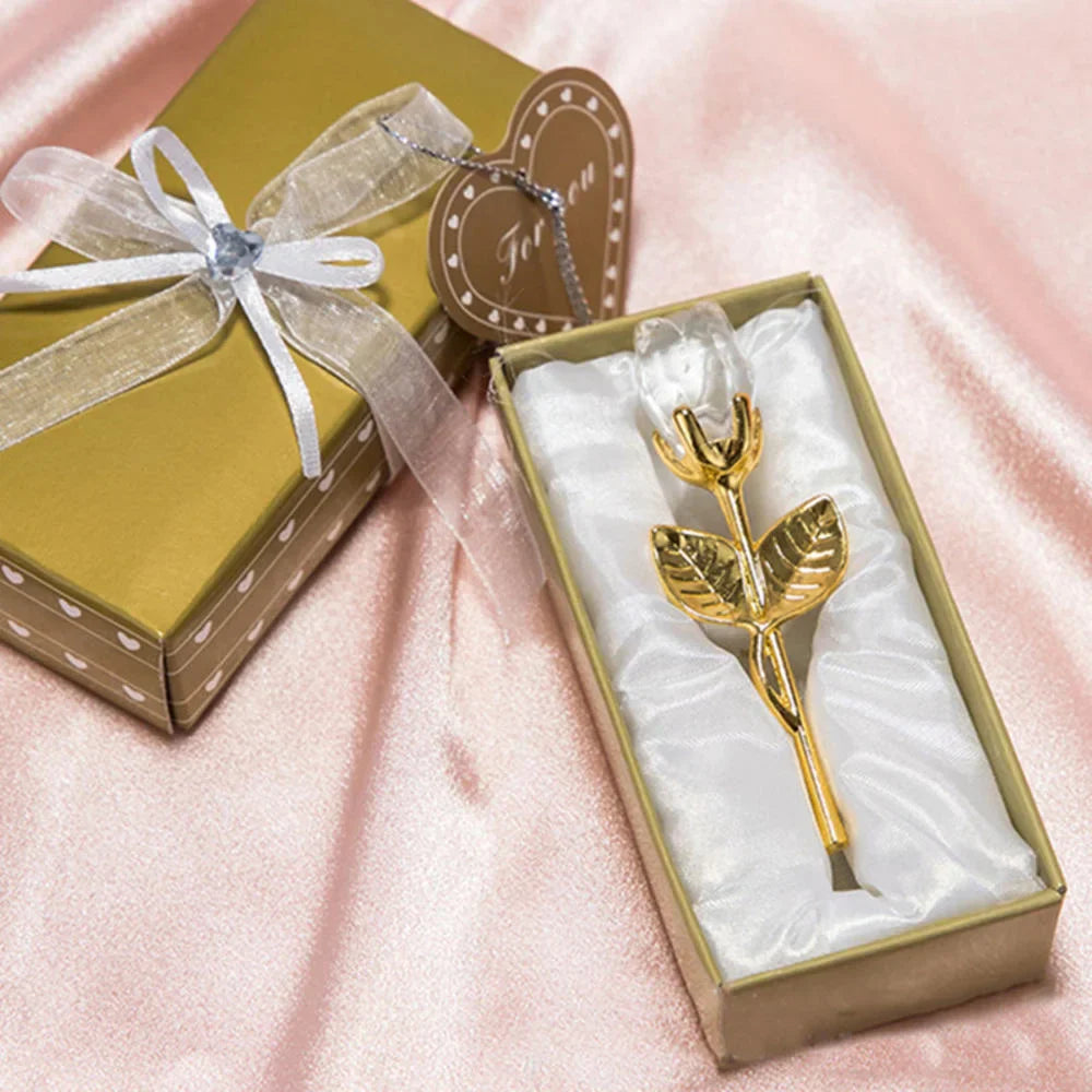 Crystal Glass Rose with Silver or Gold Rod - Romantic Gift