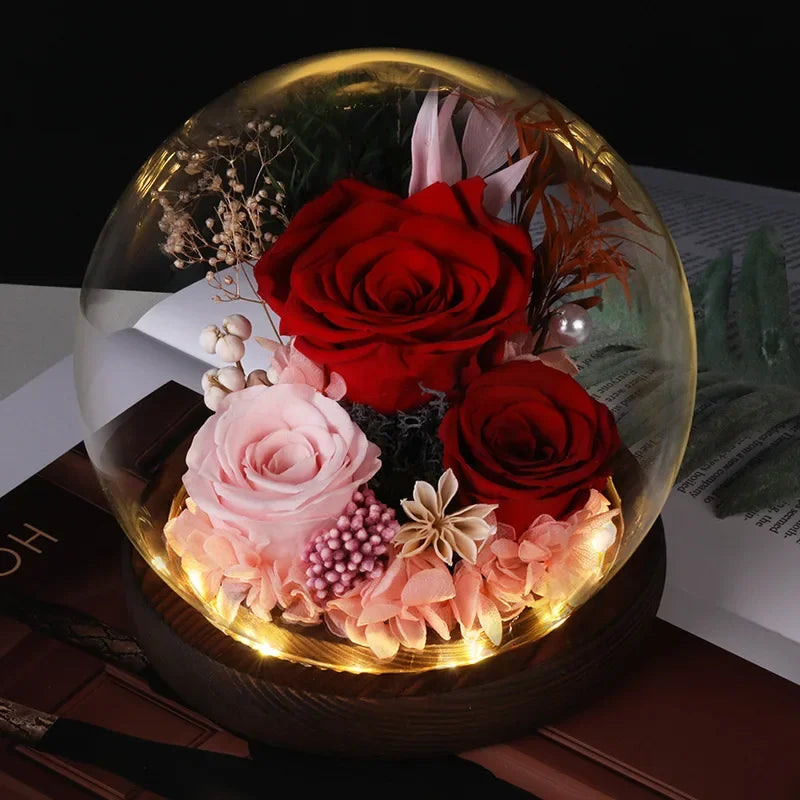 Preserved Red Rose and Carnation Dome with Wooden Base