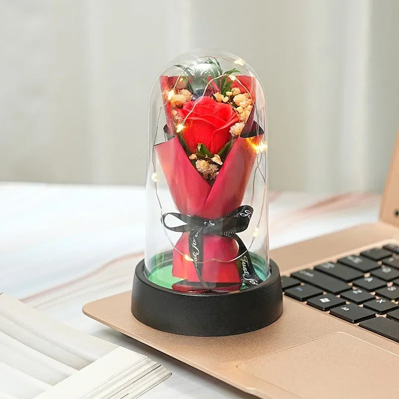 Everlasting Rose LED Glass Dome Bouquet Romantic Decorative Ornament for Valentine's Day and Home