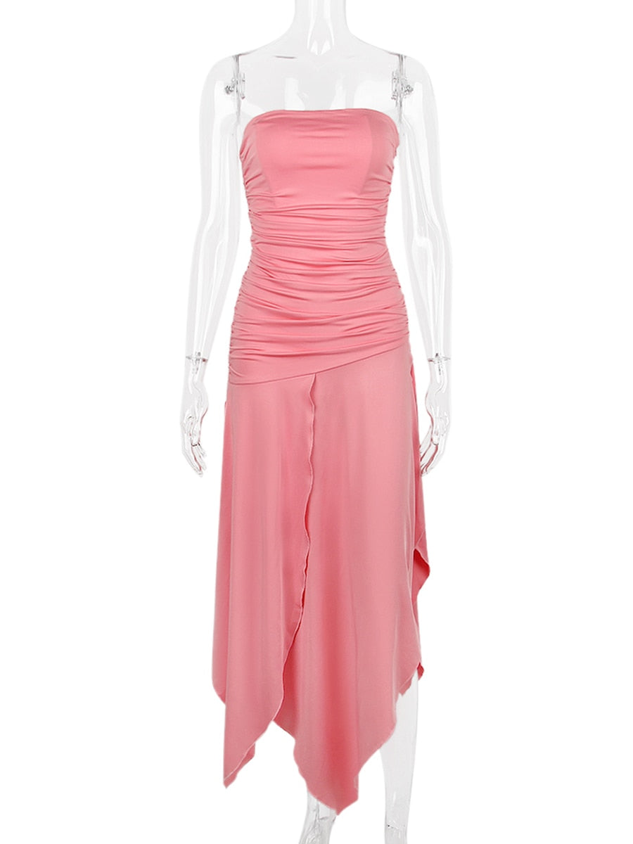 Pink Ruched Frill Tube Midi Dress