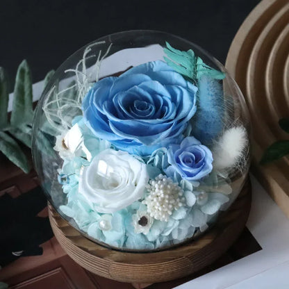 Preserved Red Rose and Carnation Dome with Wooden Base