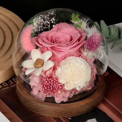 Preserved Red Rose and Carnation Dome with Wooden Base
