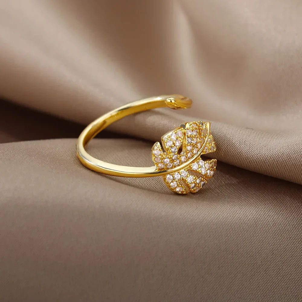 Gold Palm Leaf Adjustable Ring with Zircon Accents