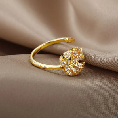 Gold Palm Leaf Adjustable Ring with Zircon Accents