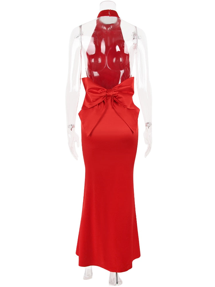Red Satin Backless Bow Halter Maxi Dress