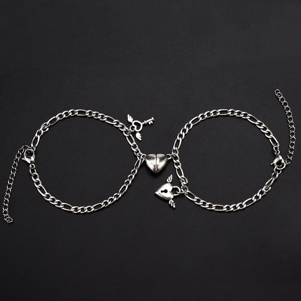 Magnetic Heart Couple Bracelet Set in Stainless Steel