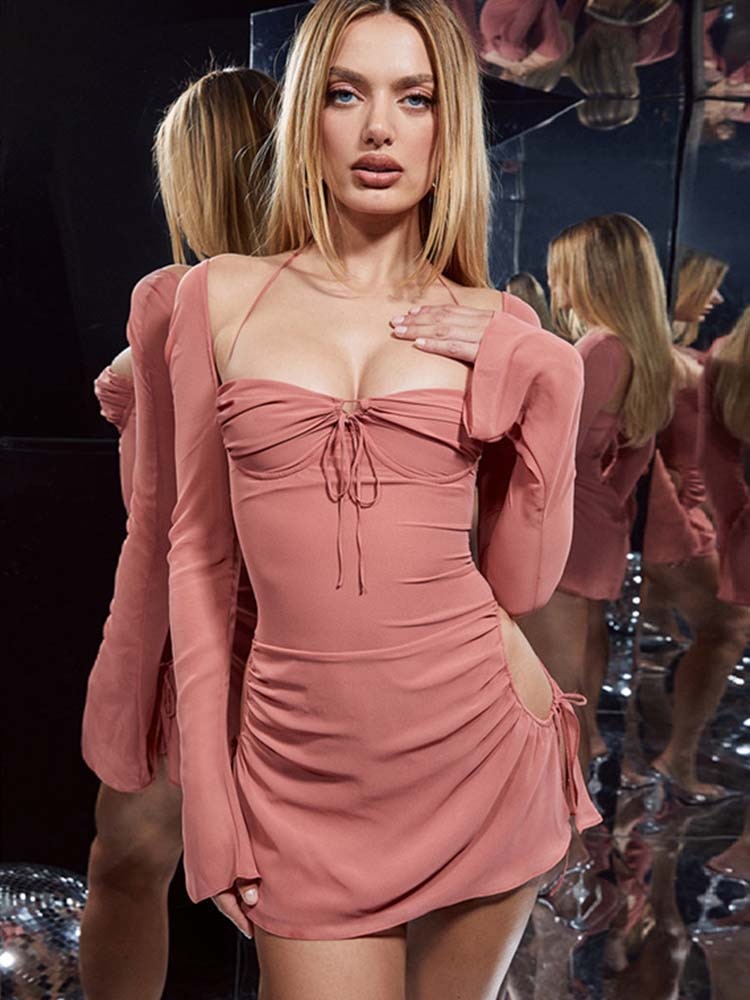 Long Sleeve Mesh Tie Up Hollow Drawstring Mini Dress